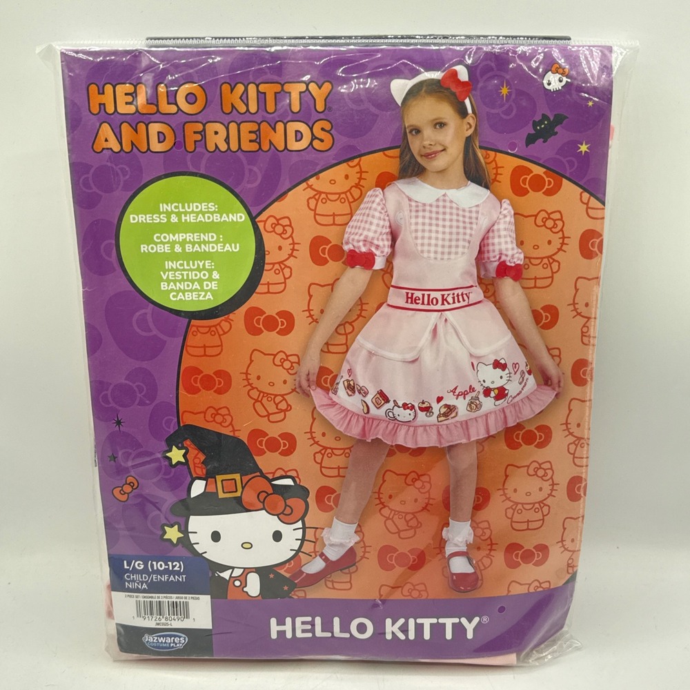 Hello Kitty Costume Set Girls Size L 10-12 Pink Gingham Dress Headband 2pc